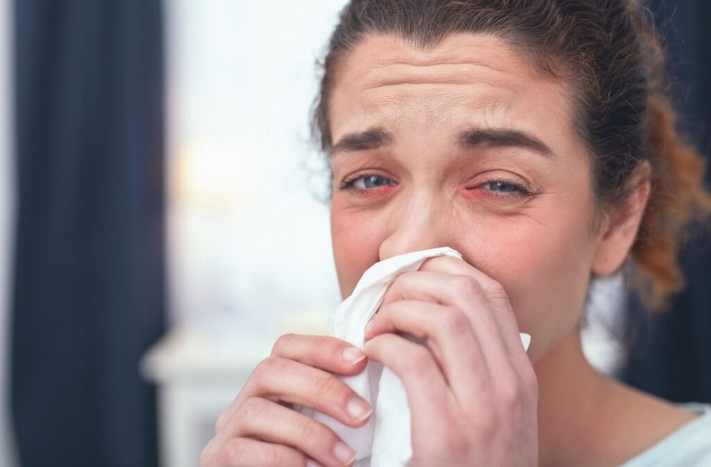 A woman with allergies wiping her nose.