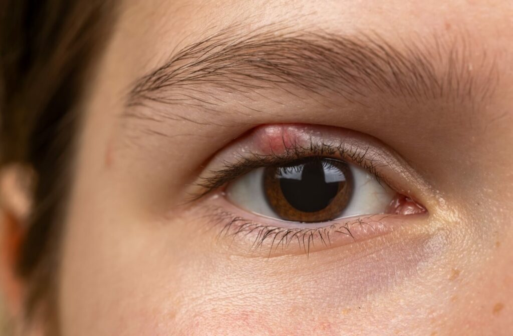 A close-up view of a person's right eye with a stye on the eyelid.