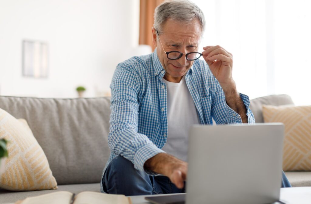 Senior sitting on a couch, adjusting his glasses while looking closely at a laptop screen with a focused expression.