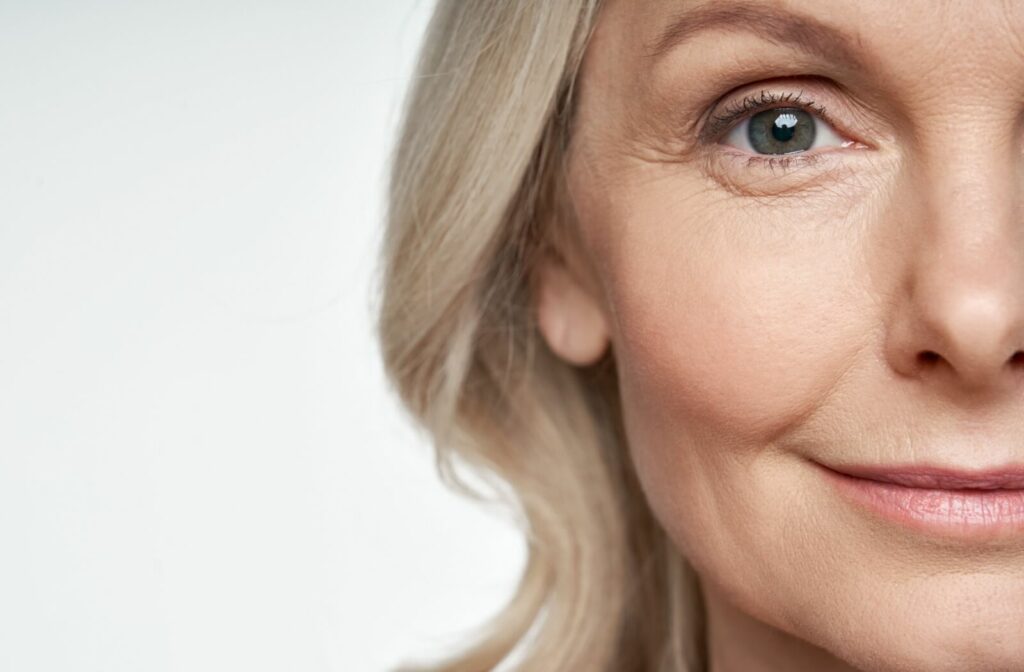 Close-up of a mature woman’s eye highlighting healthy vision and aging eyes.