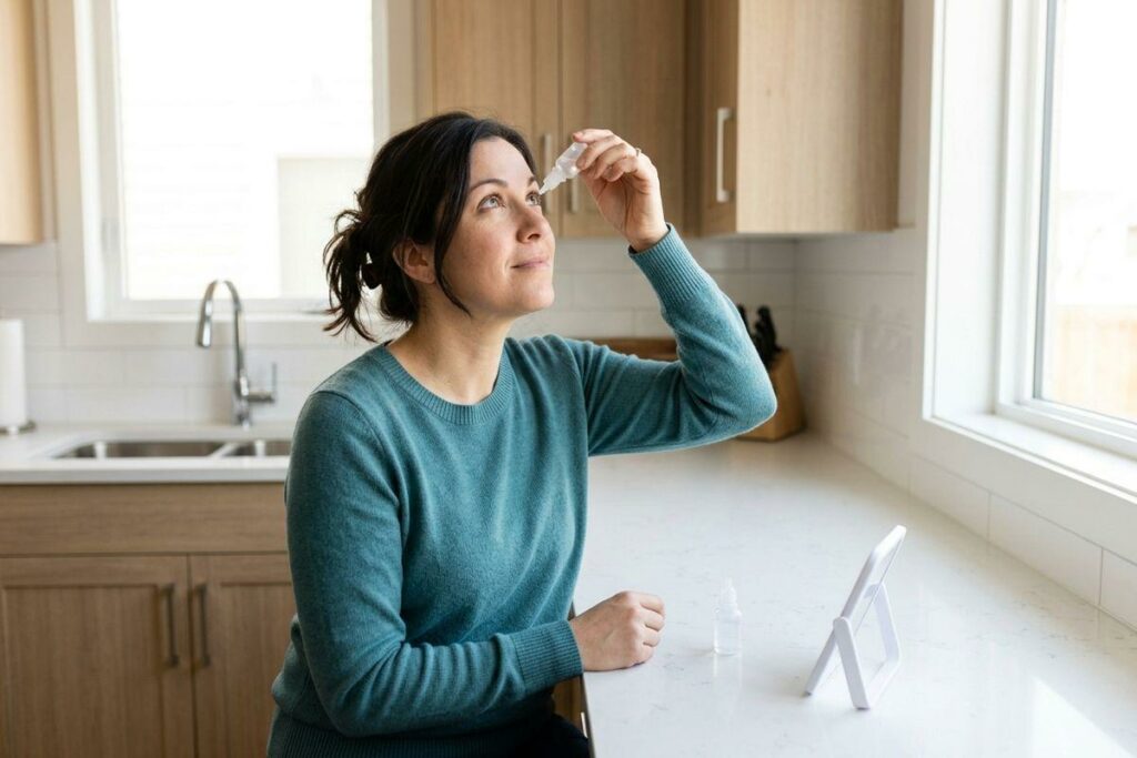 Adult applying eye drops to their eye while looking up, standing at a kitchen counter with a small mirror nearby.