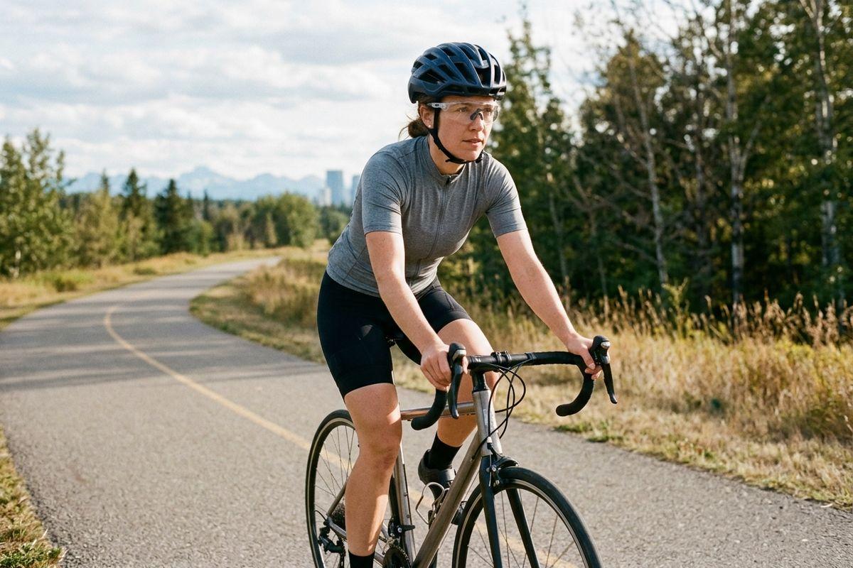 Adult cyclist riding a road bike on a paved path bordered by trees, wearing a black helmet, clear glasses, and gray jersey.