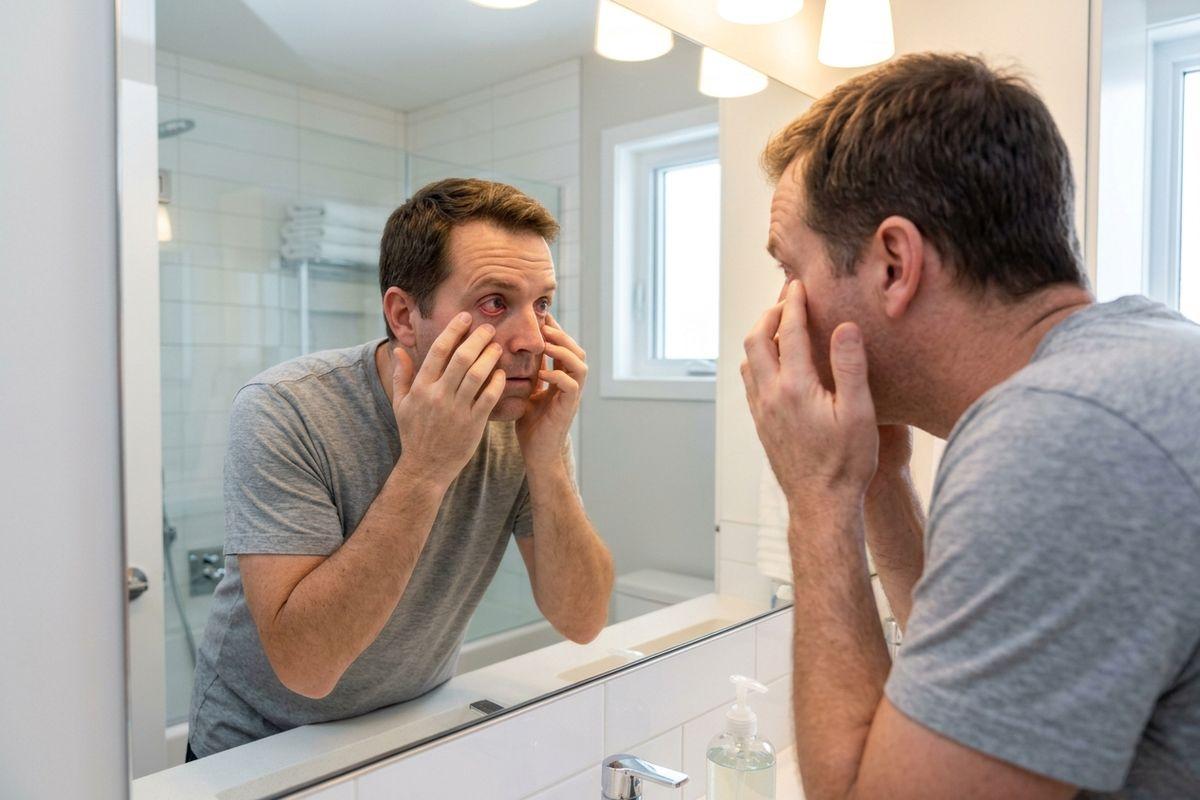 Adult examining their eye closely in a bathroom mirror, fingers pulling at the skin around one eye to get a better look.