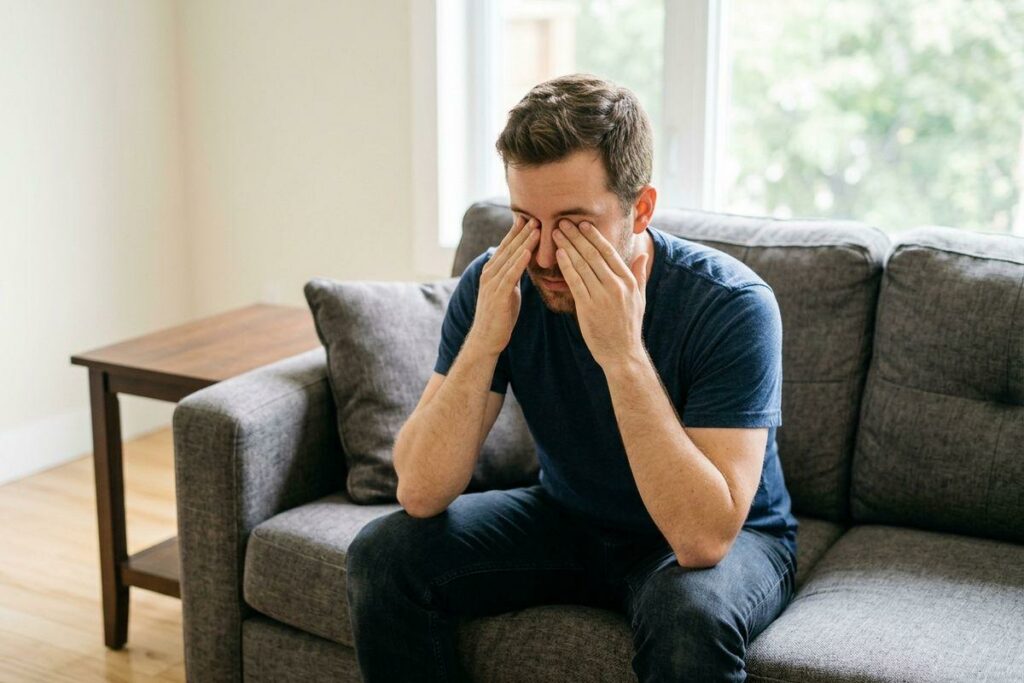 Adult sitting on a gray sofa, pressing both hands over their eyes, in a living room with a window behind them.