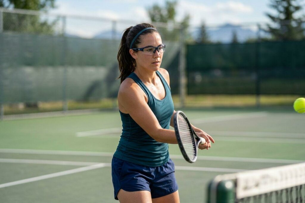 Adult wearing sport glasses hitting a tennis ball with a racket on an outdoor court, focused expression, mountains visible in background.