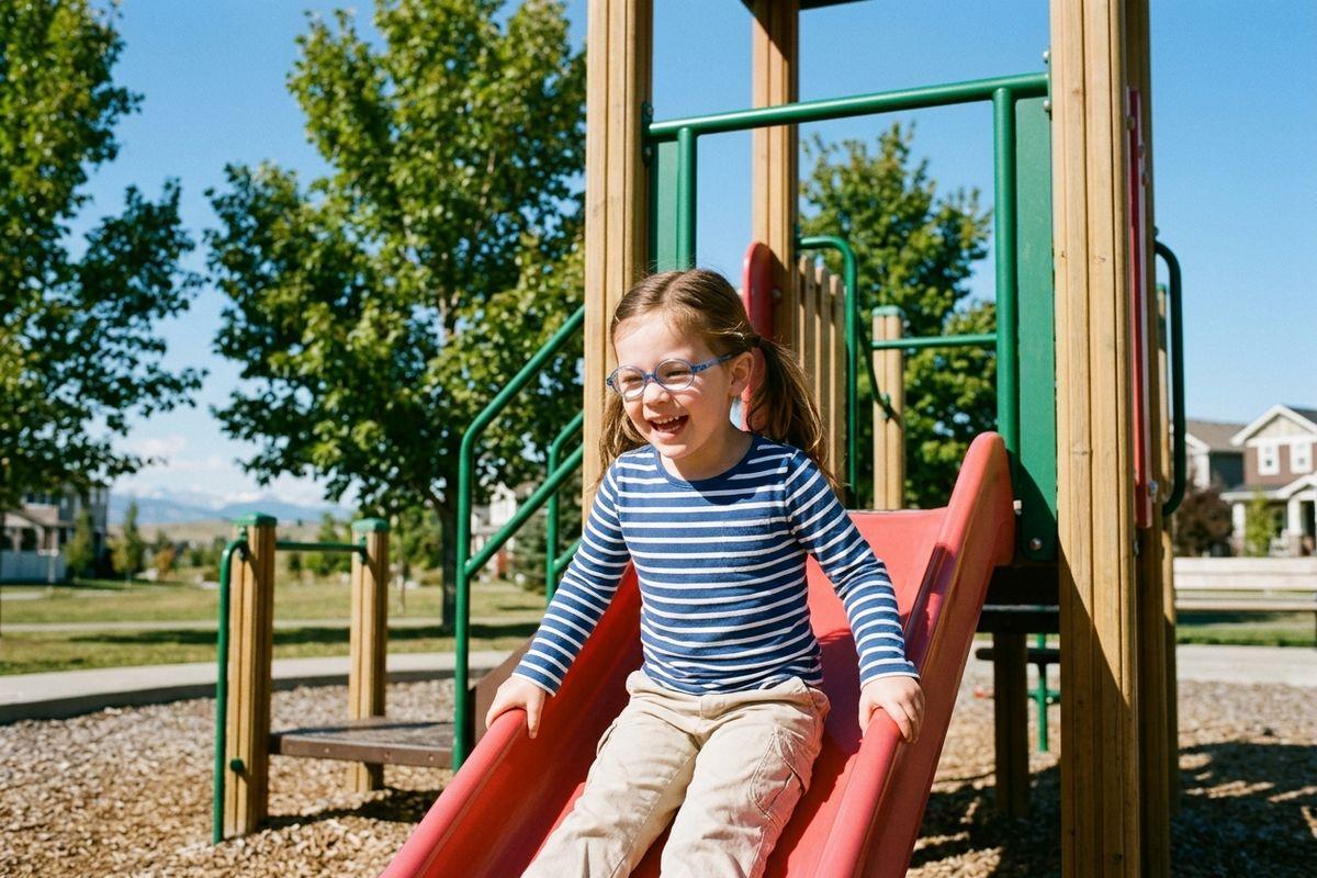 Smiling child wearing blue glasses sliding down a red playground slide outdoors on a sunny day.