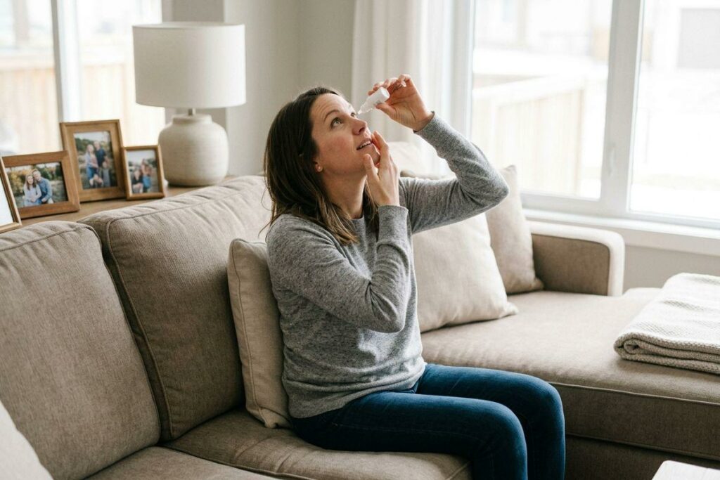 Adult sitting on a sofa at home, tilting head back and applying eye drops from a small bottle to one eye.