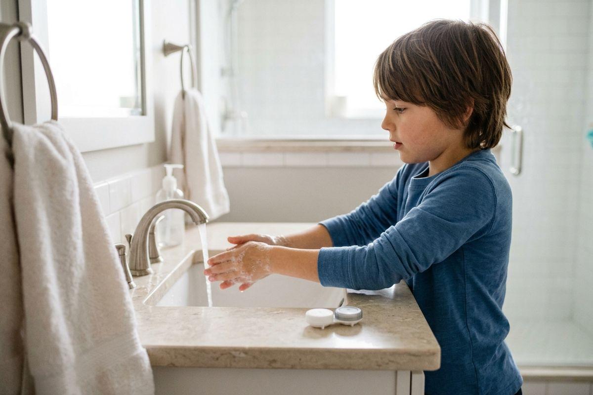 Child washing soapy hands under running water at a bathroom sink, focused.
