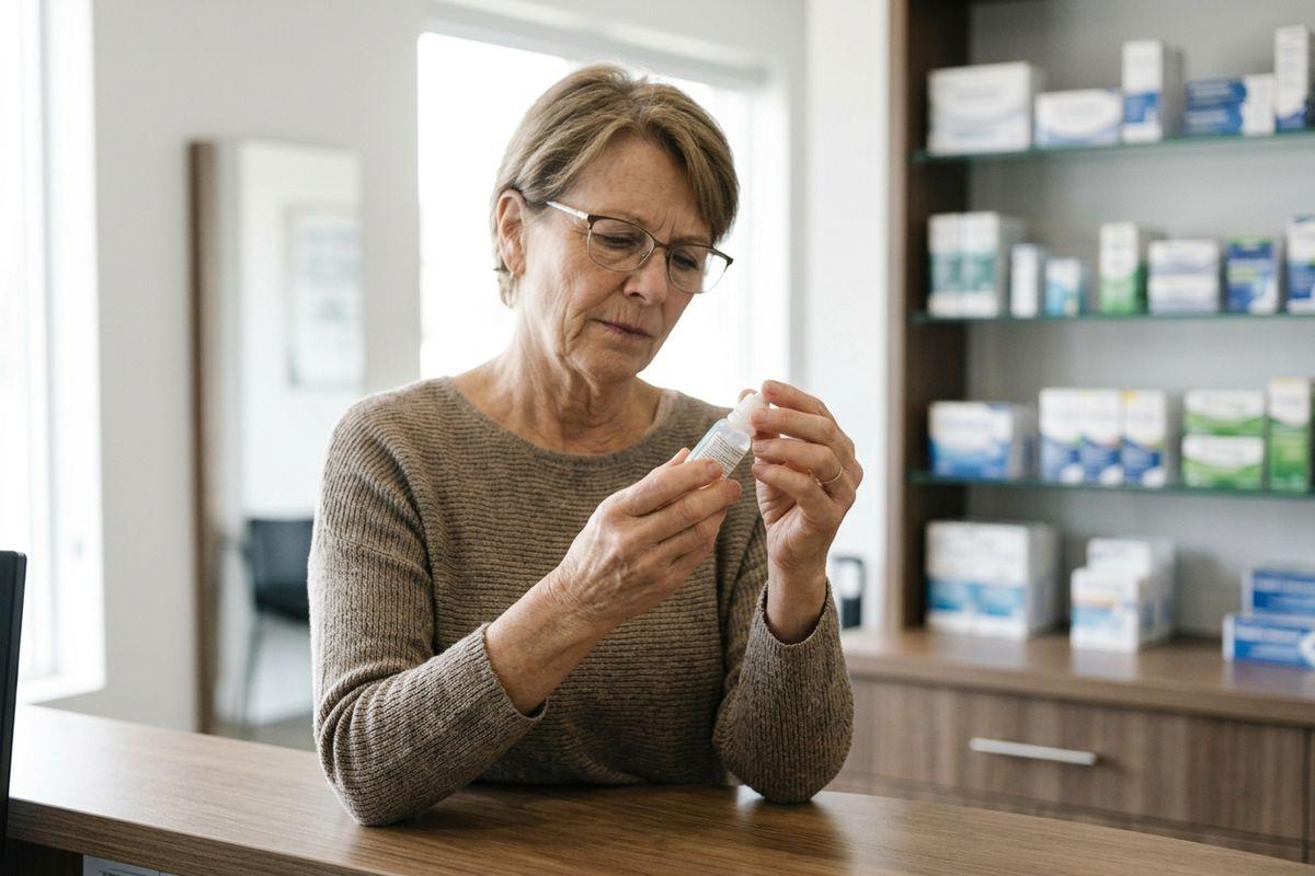 Older adult reading the label on a small bottle at a counter, focused, with shelves of packaged products visible behind them.