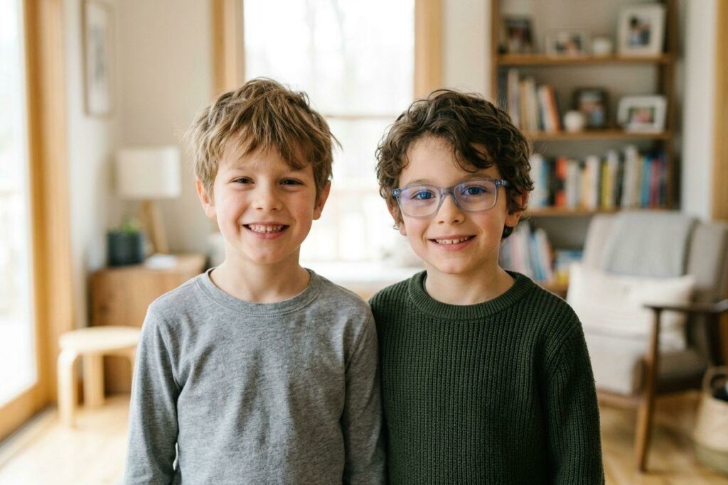 Two smiling children standing together indoors; one wears a gray top, the other a green sweater and blue-framed glasses. Bookshelf in background.