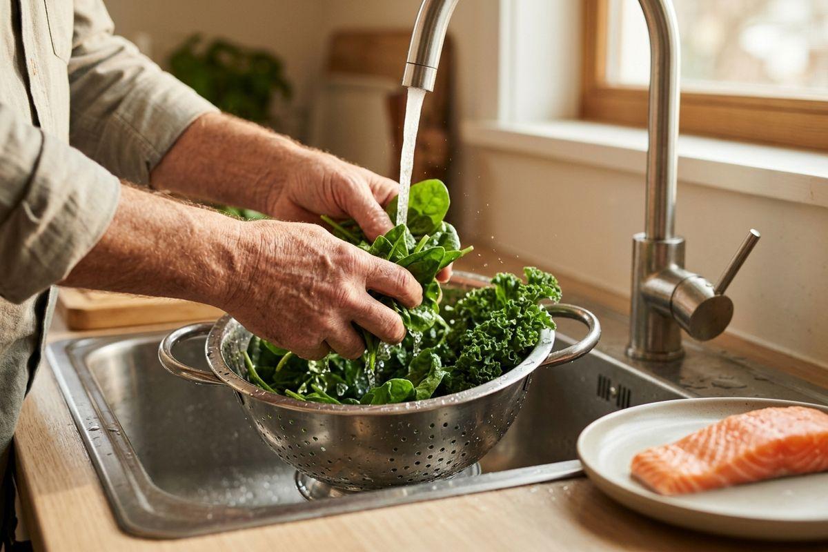 A person's hands washing spinach and kale in a metal colander under a kitchen tap, with a raw salmon fillet on a plate nearby.