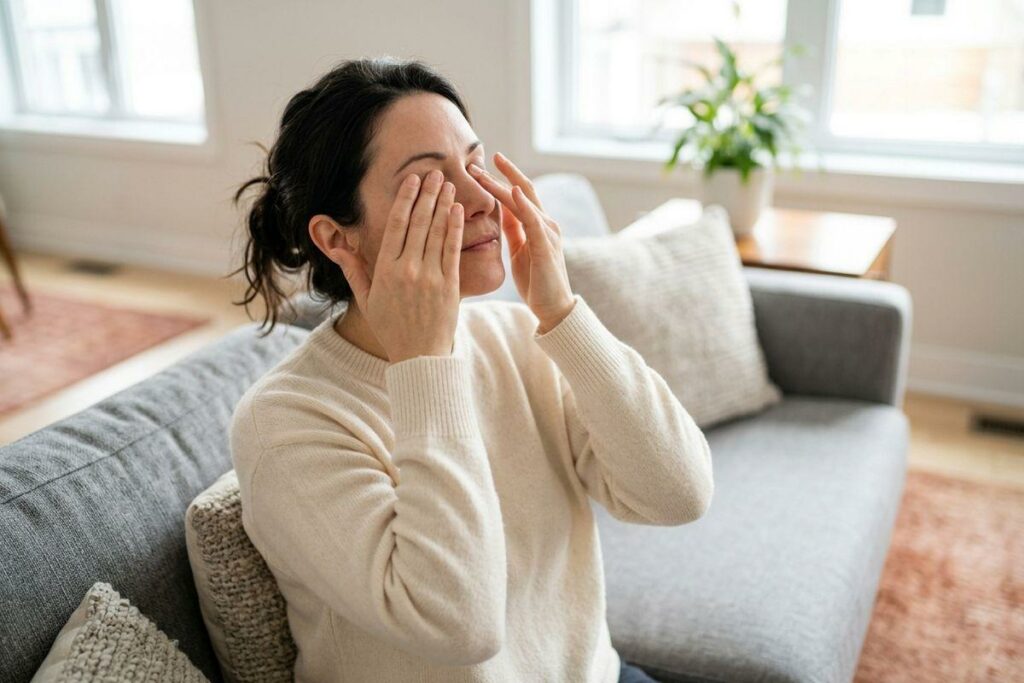 An adult sits on a gray couch indoors, rubbing their closed eyes with the fingertips of both hands.