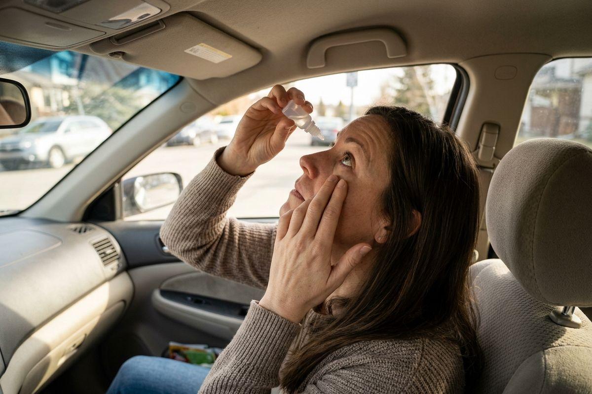 An adult sitting in a car passenger seat applying eye drops, tilting their head back and pulling down their lower eyelid.