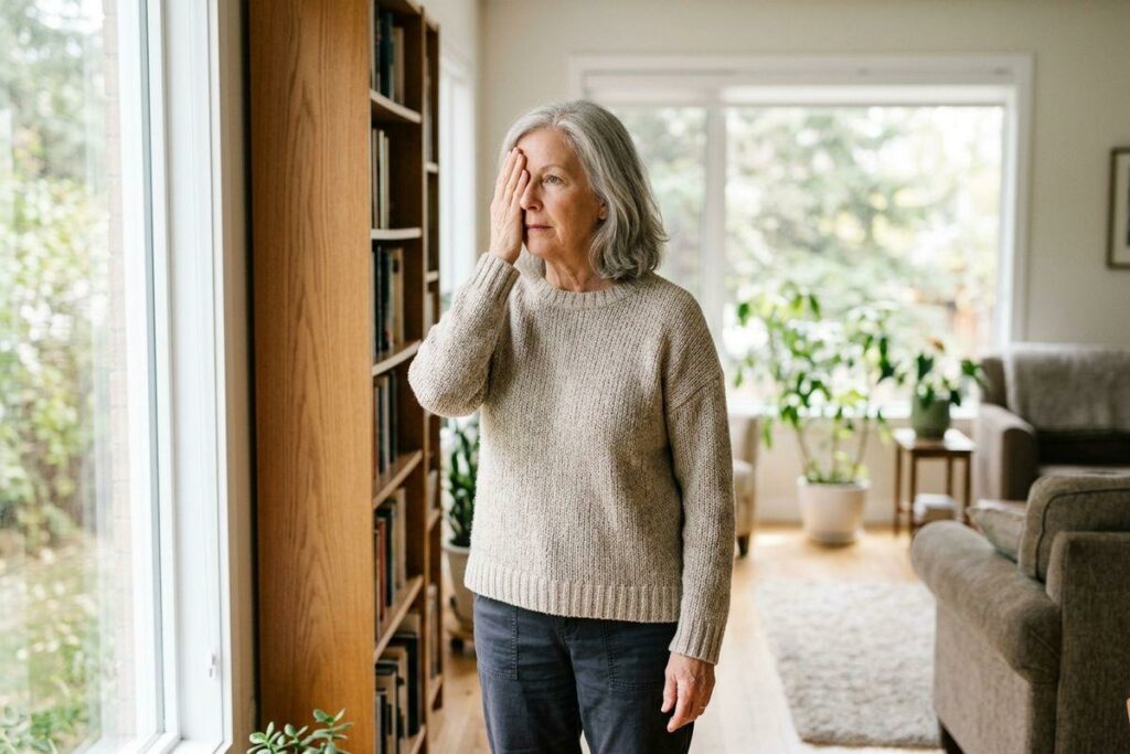An older adult standing in a living room, covering one eye with a hand and looking toward a window with a focused expression.