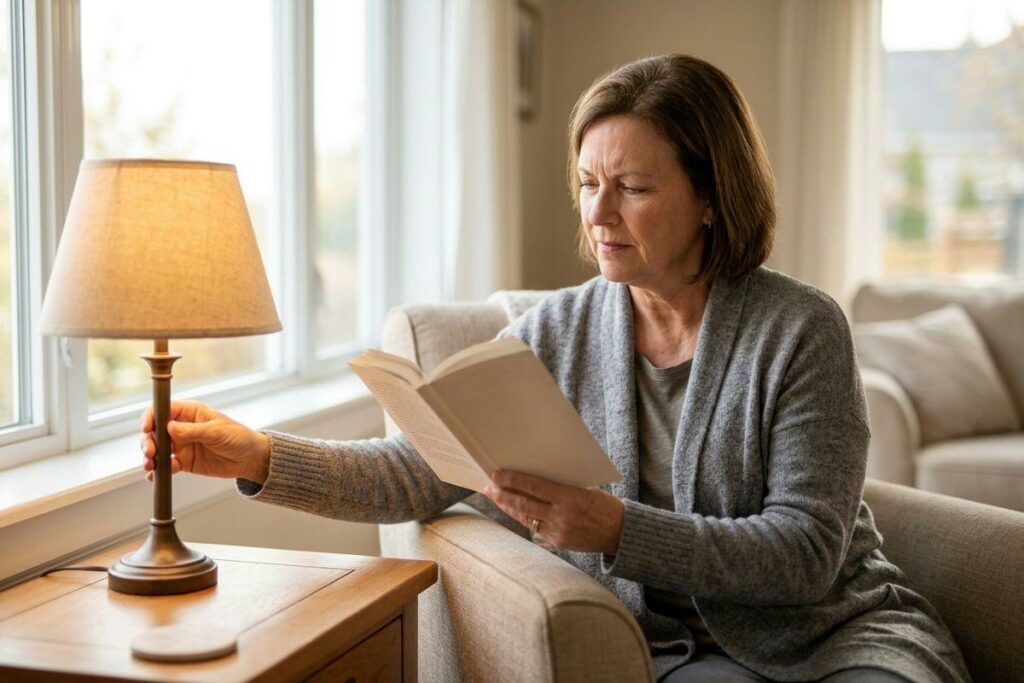 An adult sitting on a sofa holding an open book, reaching to move a table lamp closer, brow furrowed.