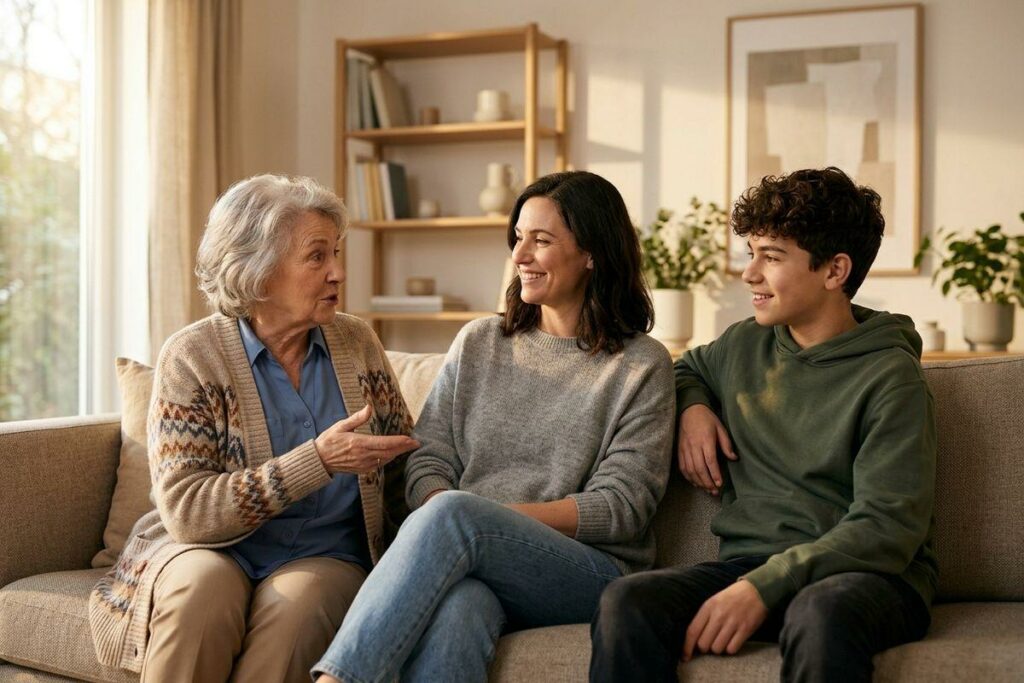 An older adult is talking and gesturing while seated on a sofa beside a smiling adult and a teenager in a living room.