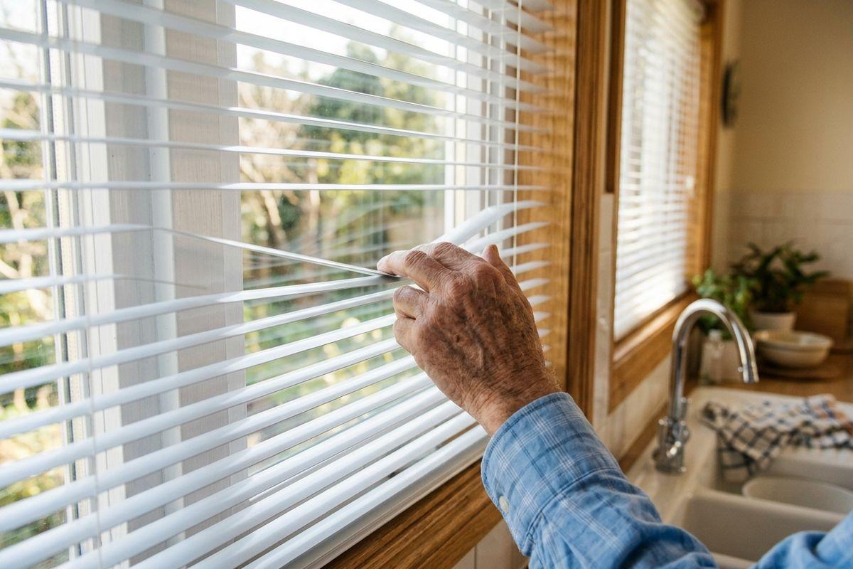 An older person's hand parting white window blinds to look outside at trees, standing by a kitchen sink with faucet and checked towel.
