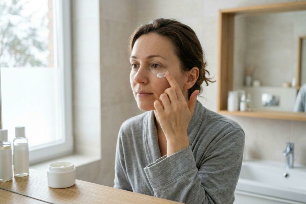 Adult in a grey robe applying cream under one eye in a bathroom, with an open jar and bottles on the counter.