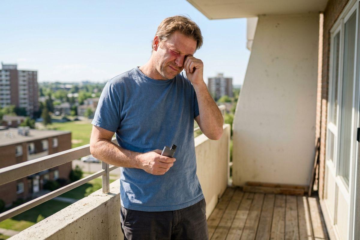 Adult standing on a sunny balcony, rubbing one eye with a hand while holding a small inhaler in the other, city view behind.