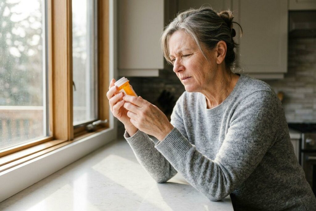 Older adult in a grey sweater leans on a kitchen counter by a window, frowning while examining an orange prescription pill bottle.