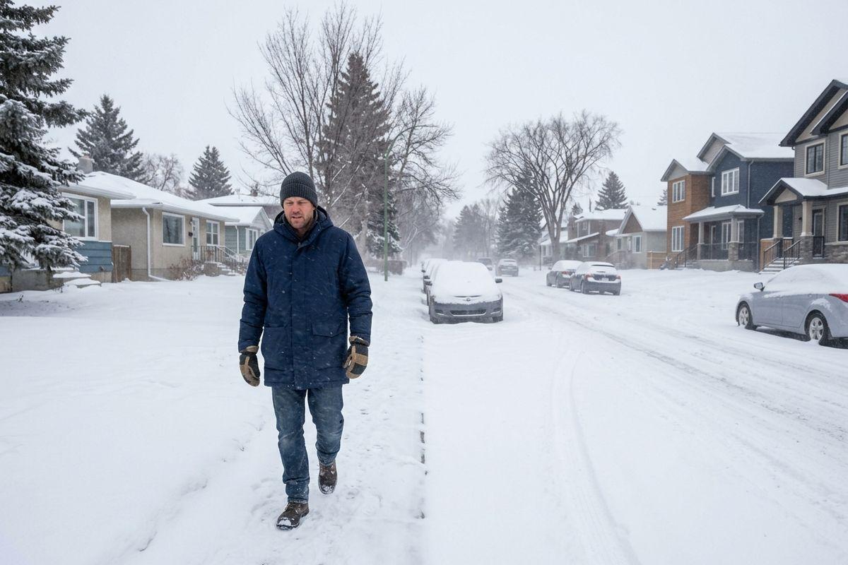 Person in parka, beanie and gloves walking along a snow-covered residential street past parked cars buried in snow.